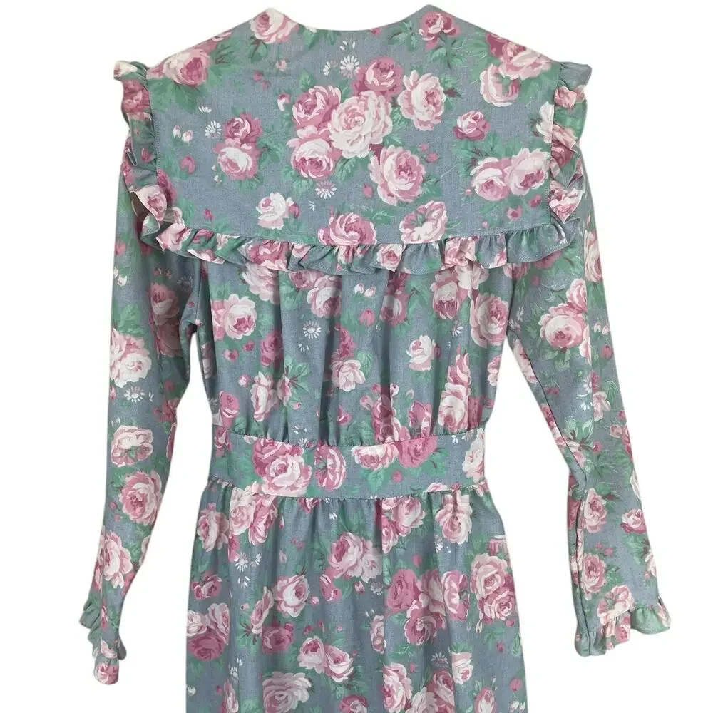 Vintage Komar Floral Robe Housecoat Ruffles Cottage Coquette USA Size Small - Picture 4 of 16